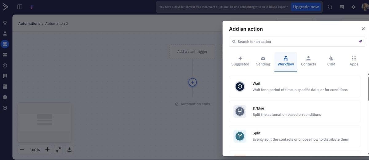 Der ActiveCampaign-Workflow-Editor zeigt Anpassungsoptionen für vorgefertigte Vorlagen und die Erstellung neuer Workflows an