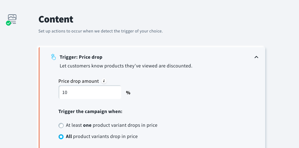 GetResponse Price Drop campaign setup interface showing trigger configuration with 10% discount threshold and options to notify customers when one or all product variants decrease in price.