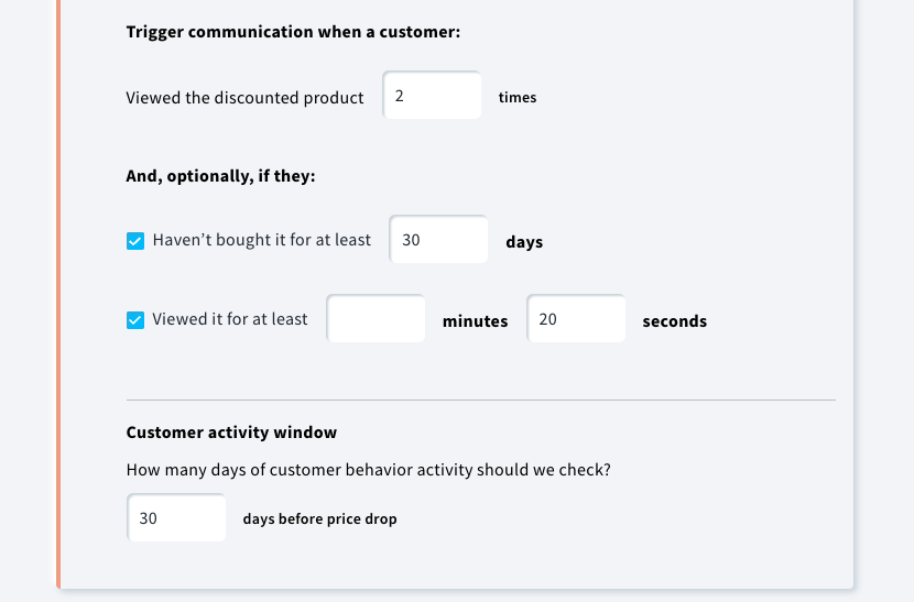GetResponse audience targeting interface showing product view count and time-on-page configuration options for price drop campaigns