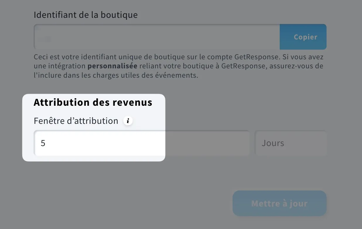 Écran des paramètres des outils e-commerce de GetResponse affichant la configuration de l’attribution des revenus, avec une fenêtre d’attribution définie à 5 jours, ainsi qu’un champ d’identifiant de la boutique et une option pour mettre à jour le paramètre.