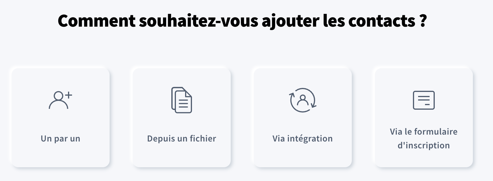 Vue de l’ajout de contacts dans GetResponse avec la possibilité de choisir différentes méthodes, telles que l’ajout manuel, l’importation ou via un formulaire.