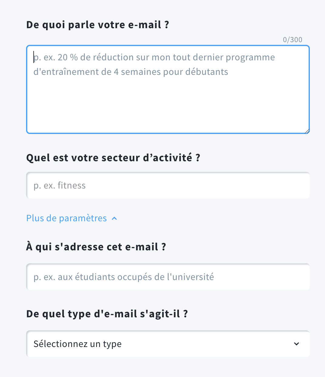 Questions posées lors de la création d’un e-mail avec l’IA.