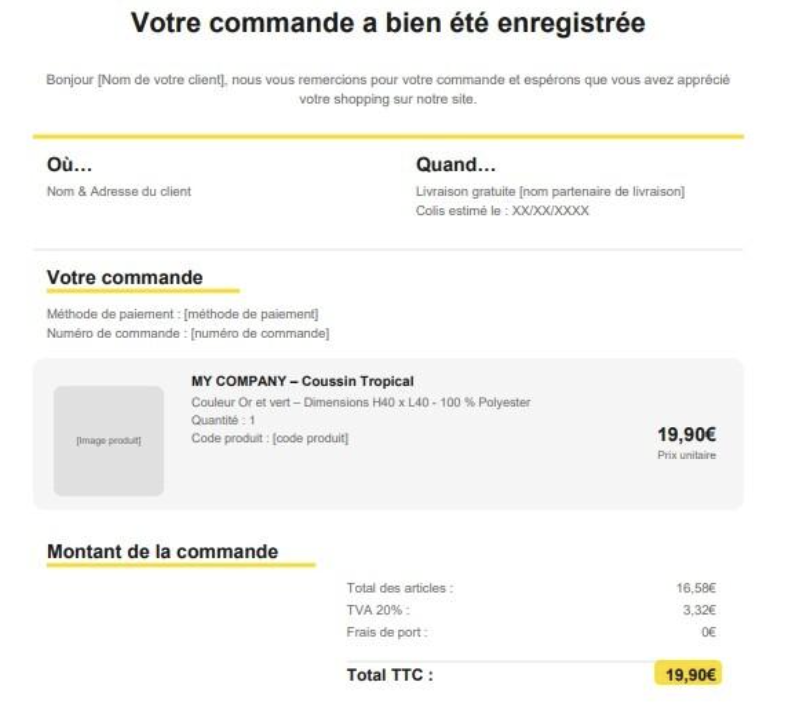 Exemple d’e-mail de confirmation de commande.