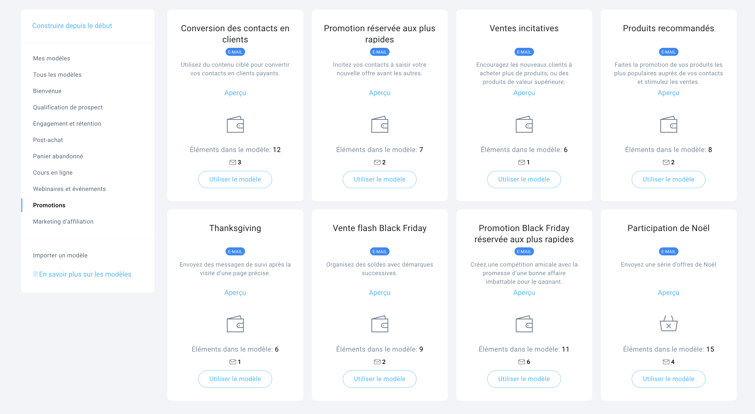 Bibliothèque de modèles d’automatisation promotionnelle de GetResponse proposant des campagnes pour les ventes saisonnières, les ventes flash et des workflows d’offres spéciales pour le marketing e-commerce.