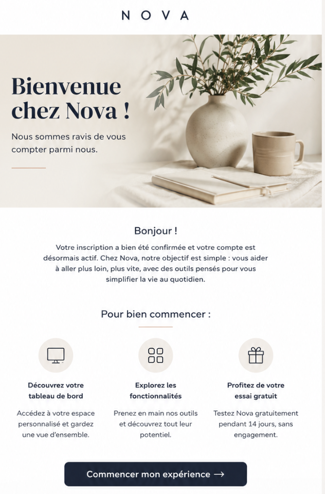 Exemple d'un e-mail de bienvenue.
