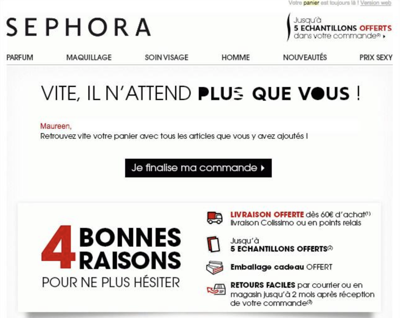 Exemple d'un e-mail de relance pour panier abandonné.