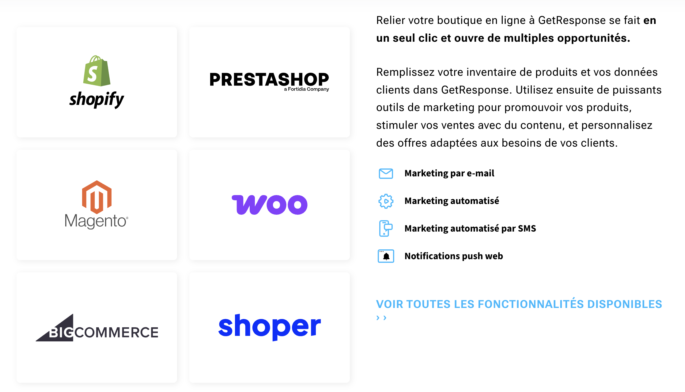 Extrait du site web de GetResponse présentant une description des intégrations e-commerce disponibles, telles que Magento, WordPress ou Shopify.