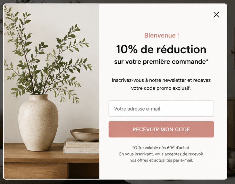 Pop-up de capture d’e-mails proposant une offre de bienvenue pour collecter les adresses e-mail des visiteurs afin de les utiliser dans des campagnes de retargeting.