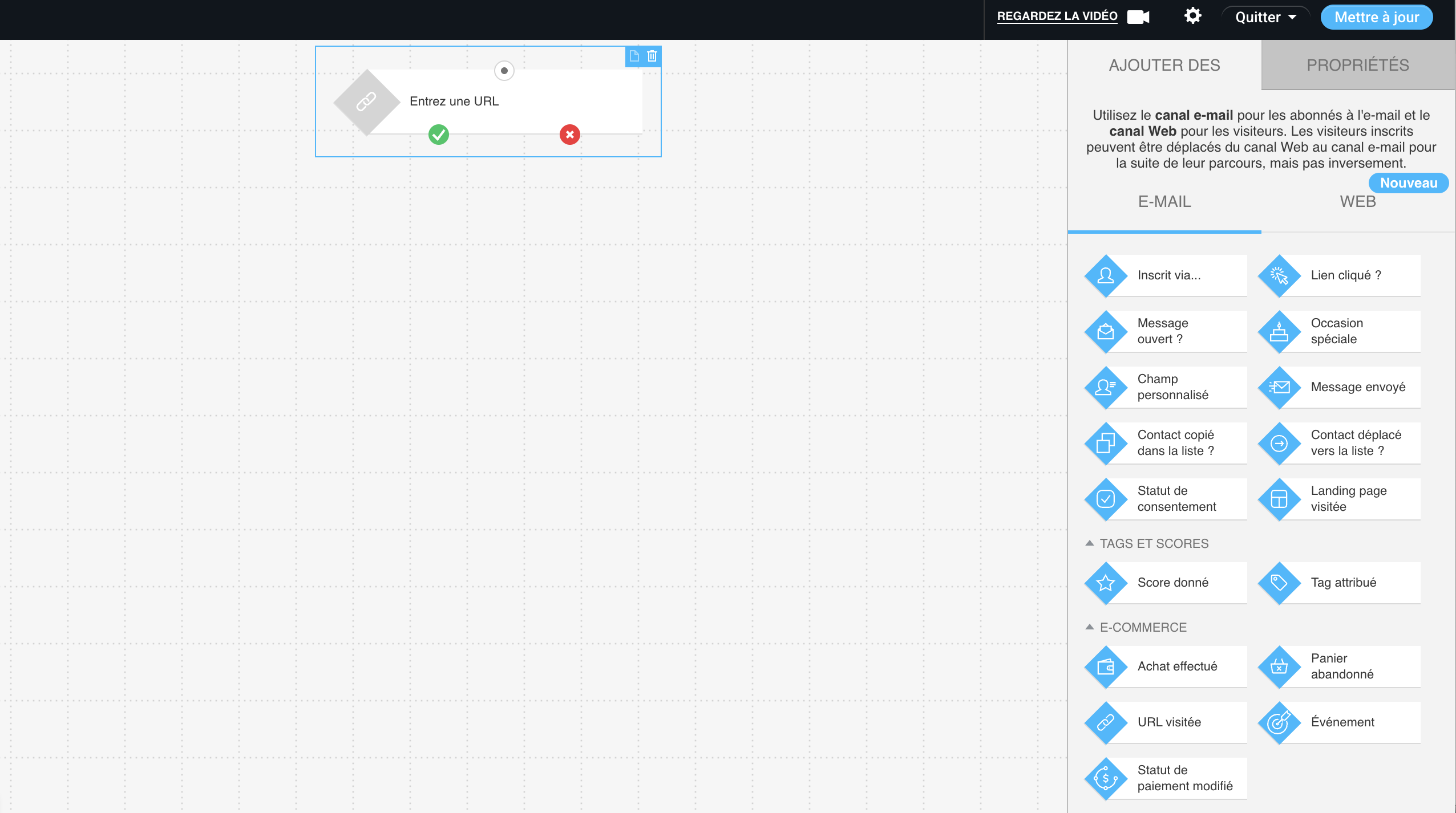 Interface du générateur visuel de workflows GetResponse pour créer des campagnes d’automatisation d’e-mails personnalisées.