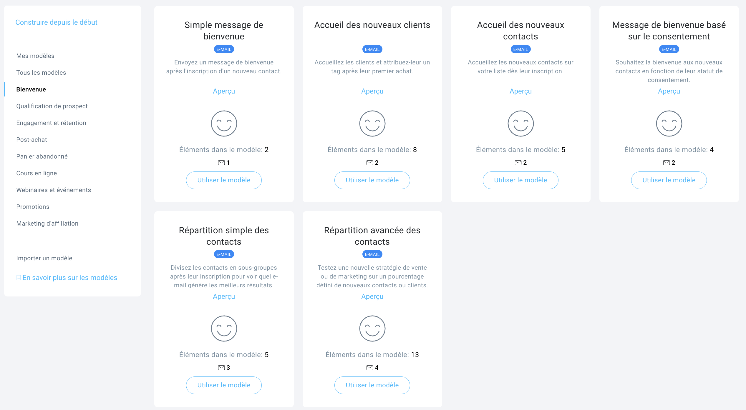 Sélection des modèles d’automatisation disponibles dans GetResponse pour les e-mails de bienvenue.