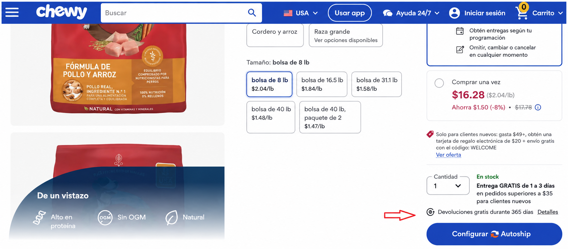 Página de producto de Chewy mostrando la política de devoluciones y cambios destacada junto al botón de suscripción automática (Autoship), con el objetivo de reforzar la confianza del cliente y reducir la fricción o dudas en el momento de compra.