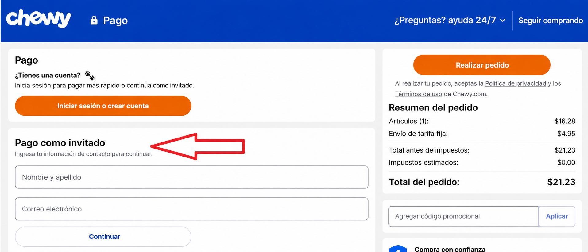 Optimización del proceso de pago en ecommerce mostrando la opción de compra como invitado, formularios simplificados y la selección de misma dirección de facturación y envío, con el objetivo de reducir el abandono del carrito y mejorar las tasas de conversión.