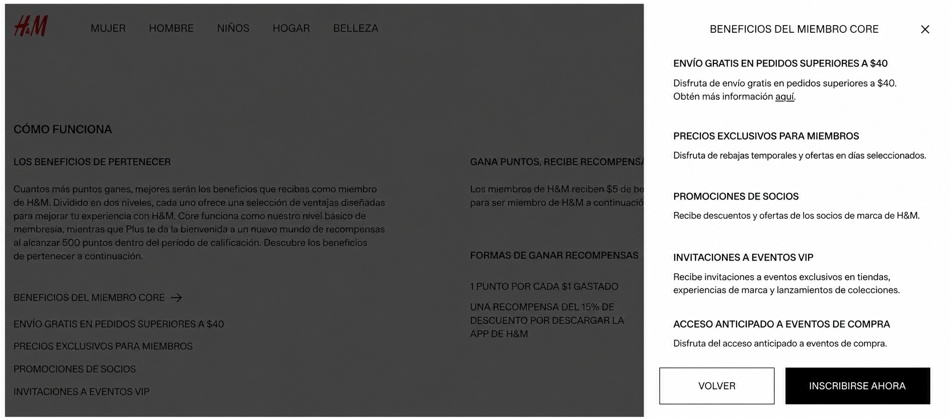Beneficios del programa de fidelización de H&M que muestran un sistema de recompensas por niveles con categorías Bronce, Plata y Oro, ofreciendo ventajas crecientes como envío gratuito, acceso anticipado, ofertas exclusivas y recompensas de cumpleaños.