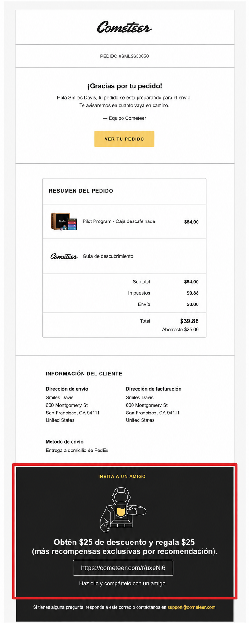 Ejemplo de correo electrónico transaccional que promociona el programa de fidelización con los puntos acumulados, el nivel de estatus y las recompensas disponibles, con el objetivo de fomentar compras repetidas y aumentar el valor de vida del cliente.