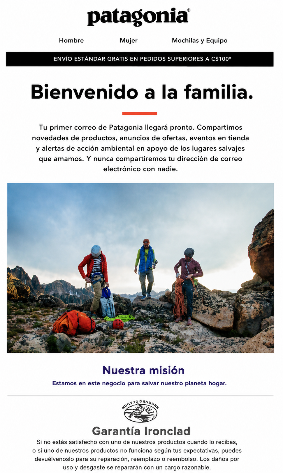 Correo electrónico de bienvenida de Patagonia.