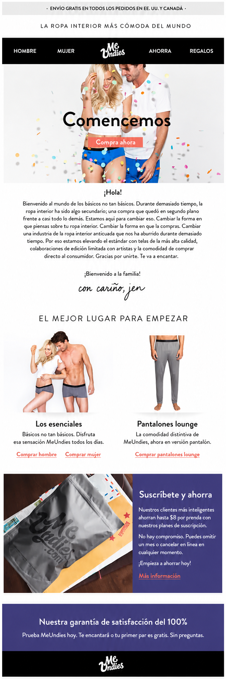 Correo de bienvenida para nuevos suscriptores de MeUndies.