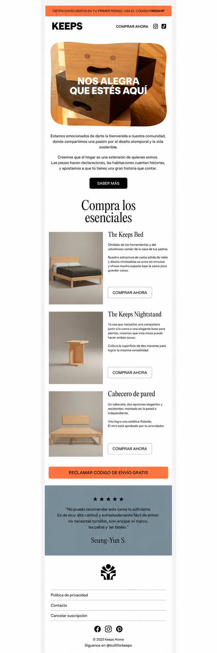 Ejemplo de correo de bienvenida de Keeps.
