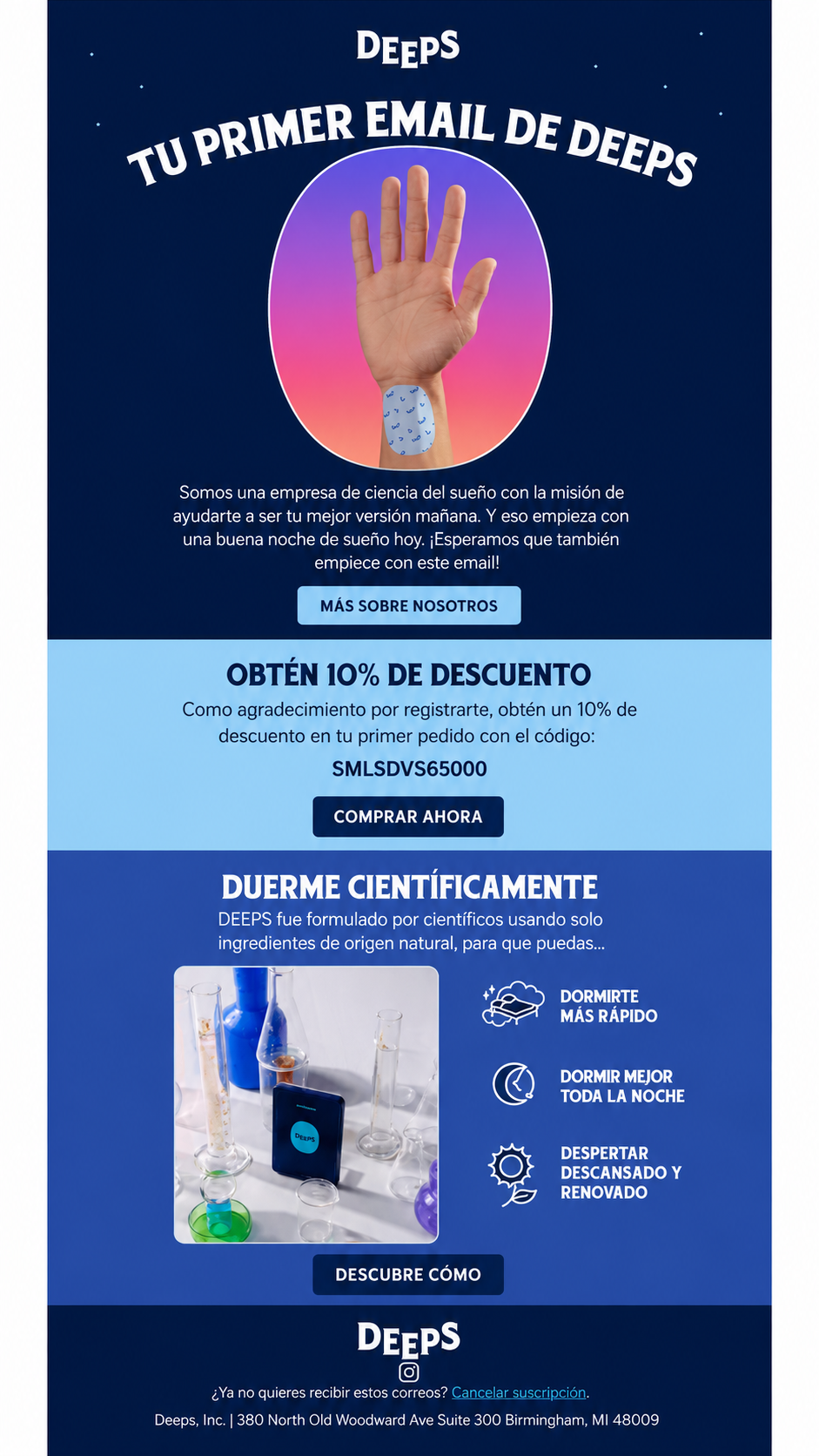 Ejemplo de correo de bienvenida de DEEPS.