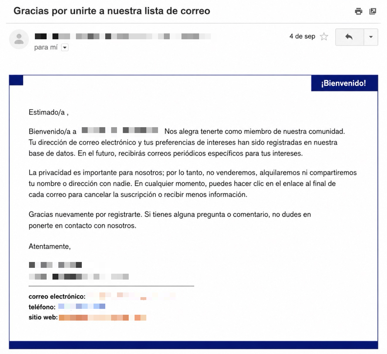 Correo de bienvenida de una agencia sin saludo personalizado.