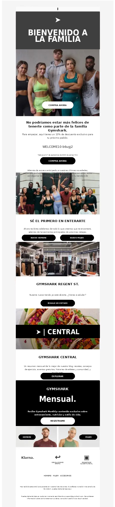 Correo de bienvenida de una marca de comercio electrónico, Gymshark.