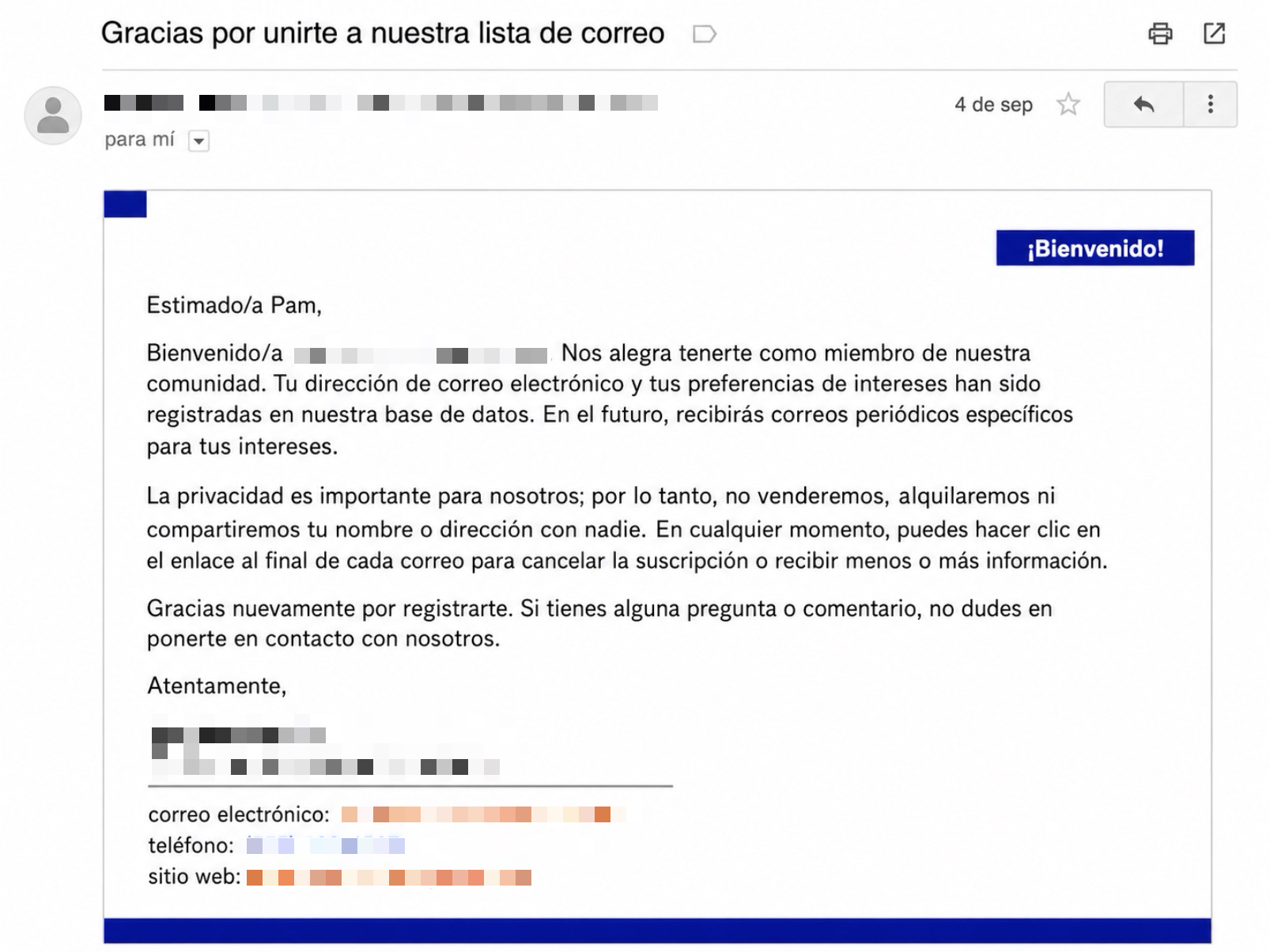 Correo de bienvenida de una agencia