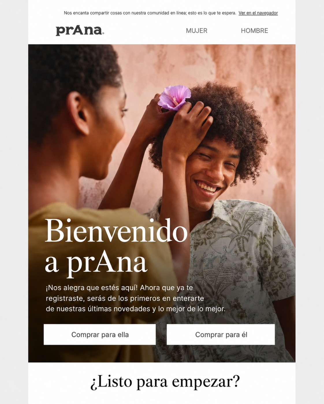 Encabezado del correo de bienvenida de prAna.