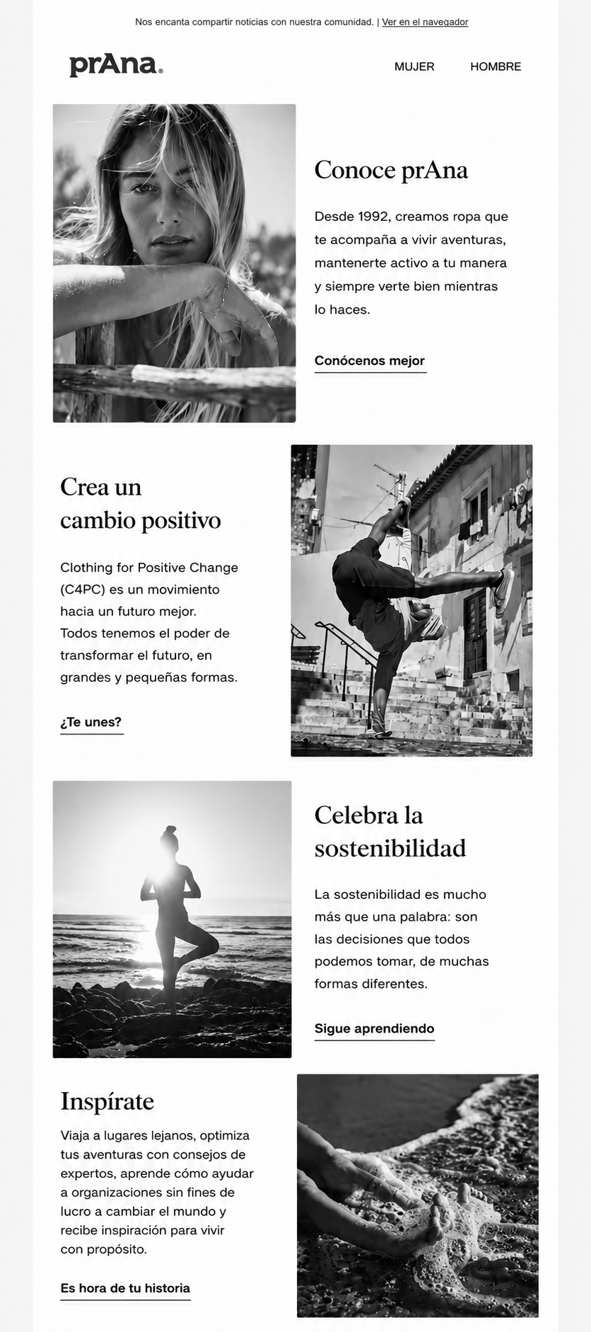 Continuación del correo de bienvenida de prAna: sección sobre la historia de la marca.”