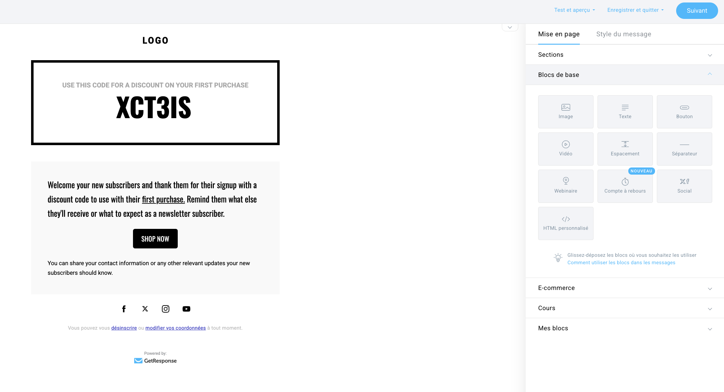 Modèle d’e-mail de bienvenue « texte seul » dans GetResponse.