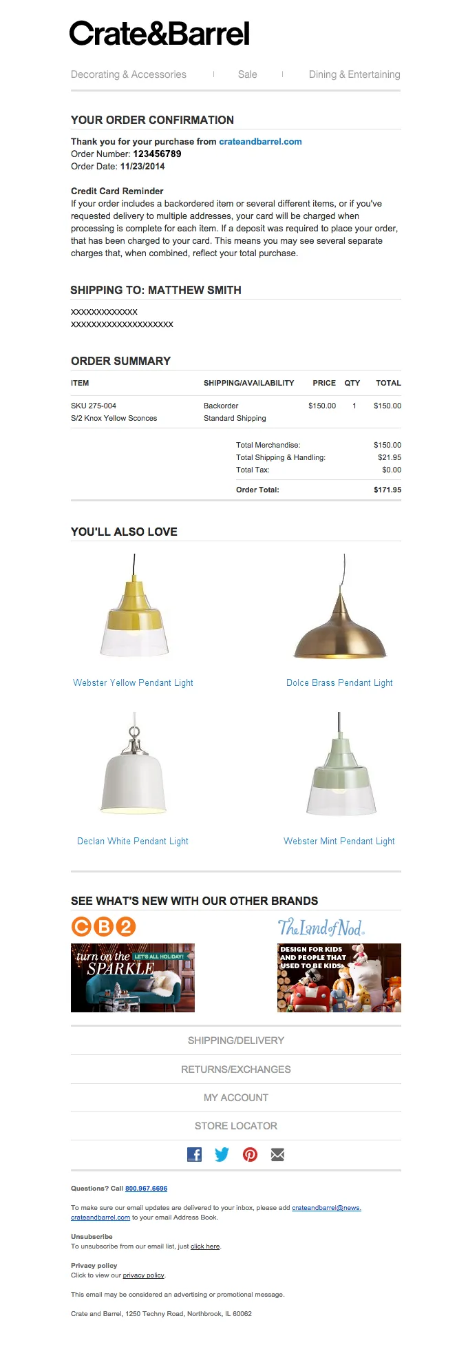 Crate and Barrel's confimration email featuring product recommendations