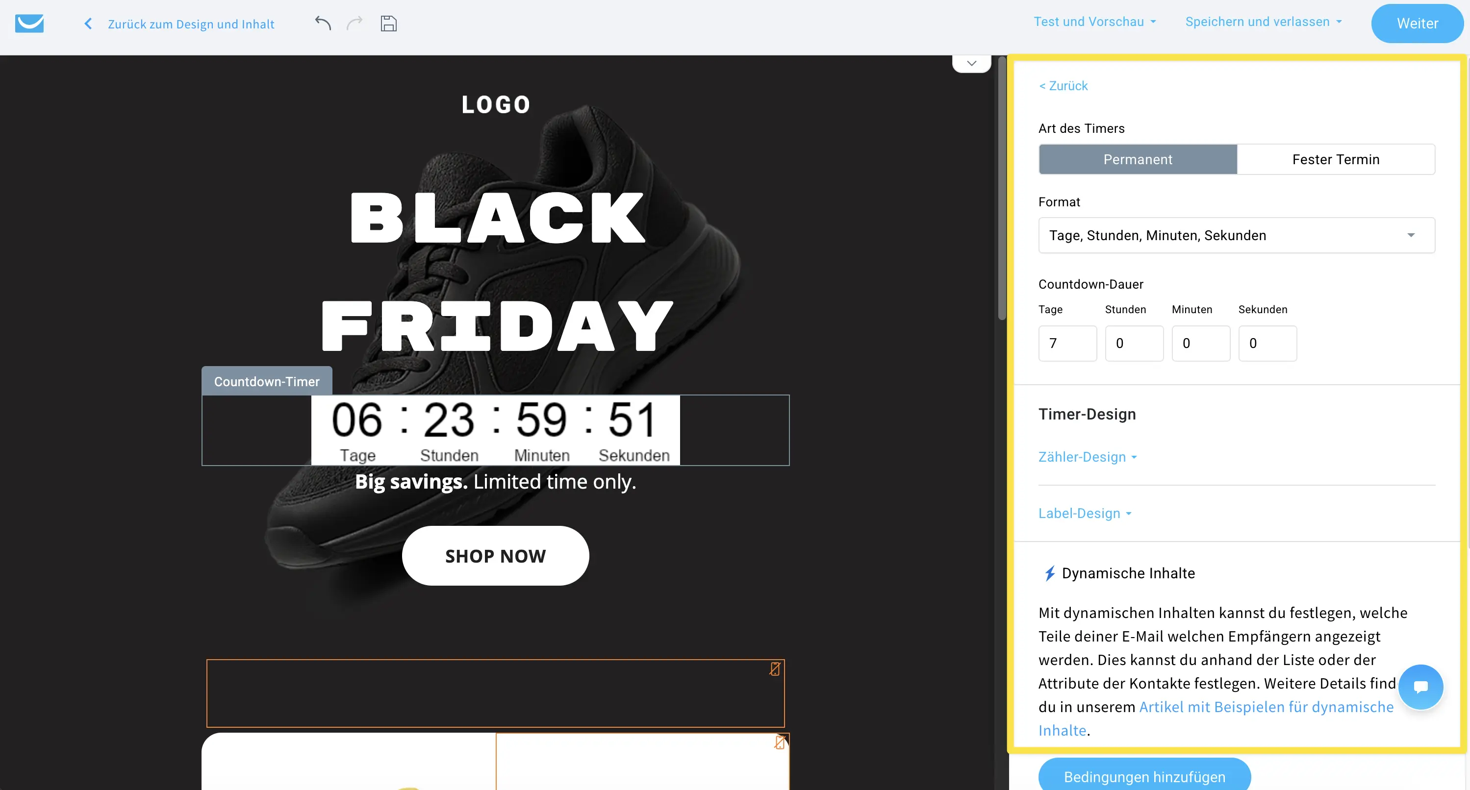 GetResponse Email Creator-Oberfläche mit den Einstellungen für einen Countdown-Timer in einer Black-Friday-Werbe-E-Mail. Zu sehen sind die Konfiguration eines Evergreen-Countdown-Timers, die Countdown-Dauer, Designoptionen für den Timer sowie Einstellungen zur Sichtbarkeit auf verschiedenen Geräten.