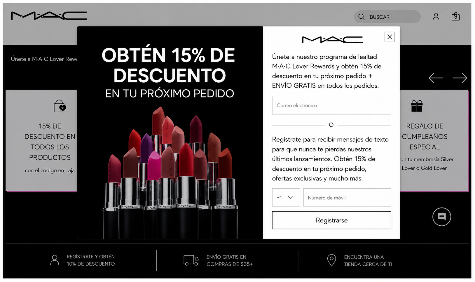 Formulario de registro al programa de fidelización de MAC Cosmetics con alertas por SMS e integración de un programa de recompensas.
