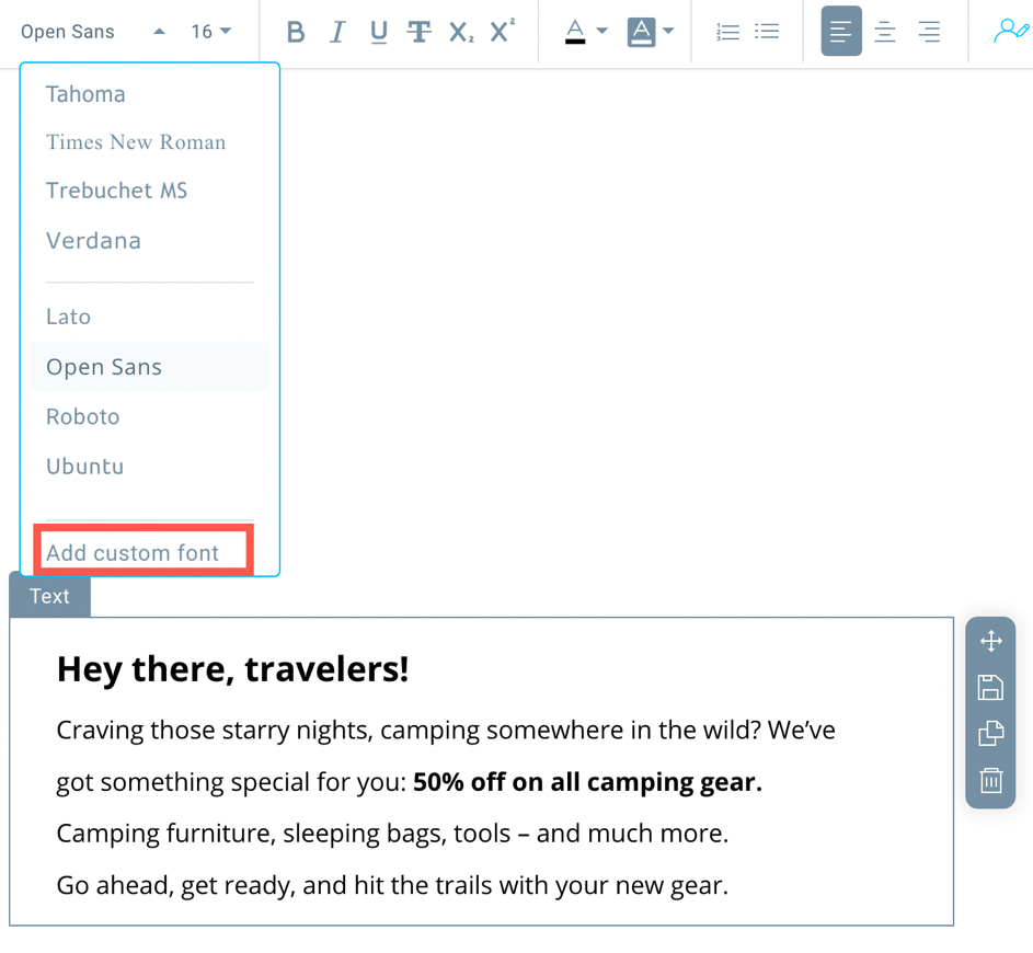 A screenshot of GetResponse email creator allowing the use of custom fonts.