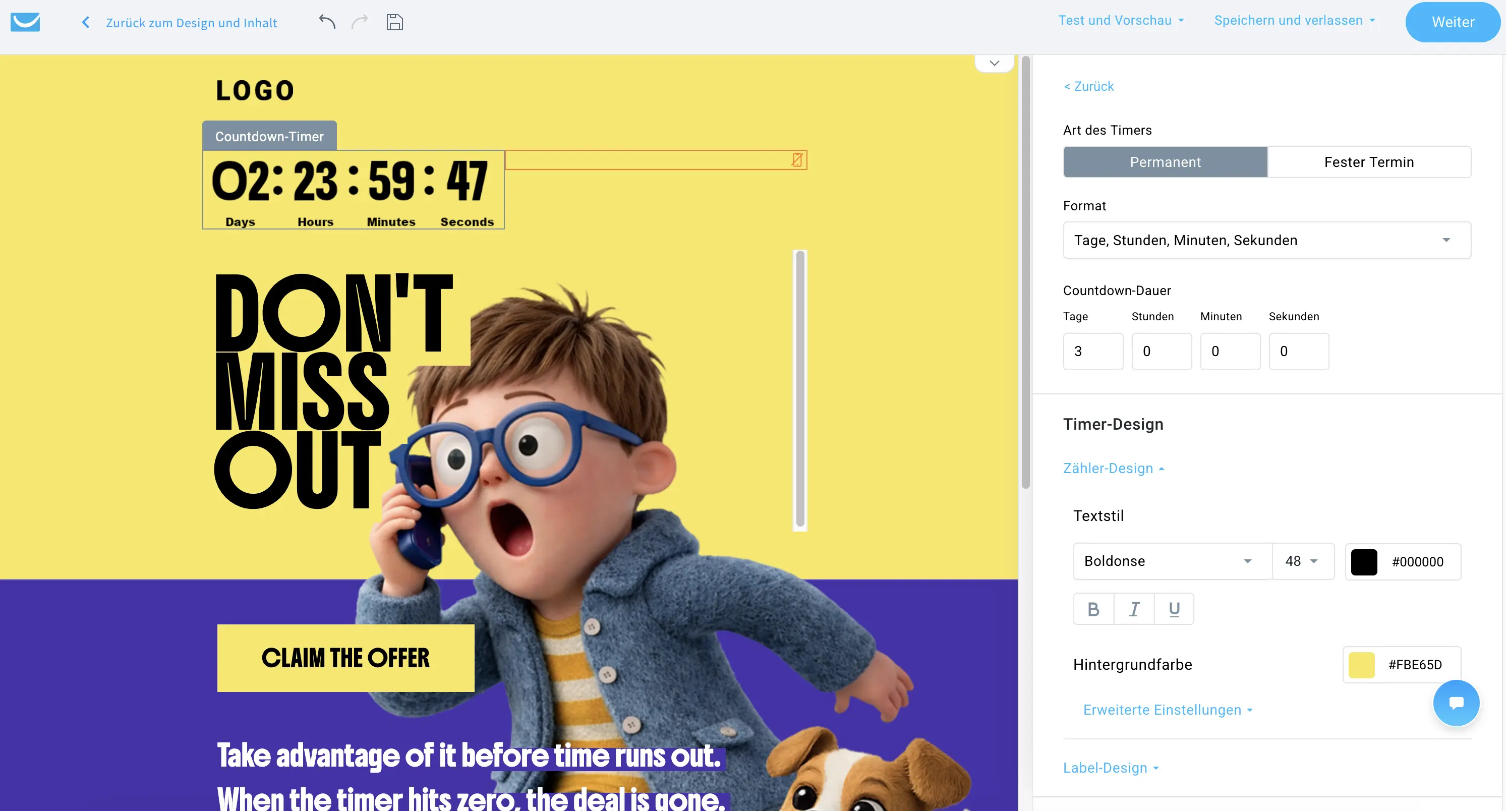 Screenshot des GetResponse E-Mail-Editors, der ein Countdown-Timer-Element zeigt, das innerhalb eines E-Mail-Designs bearbeitet wird. Zu sehen sind eine Vorschau einer Werbebotschaft („NICHT VERPASSEN“), ein Countdown-Timer sowie ein Einstellungsbereich zur Konfiguration des Timertyps, des Enddatums, der Zeitzone, des Formats und der Designoptionen.