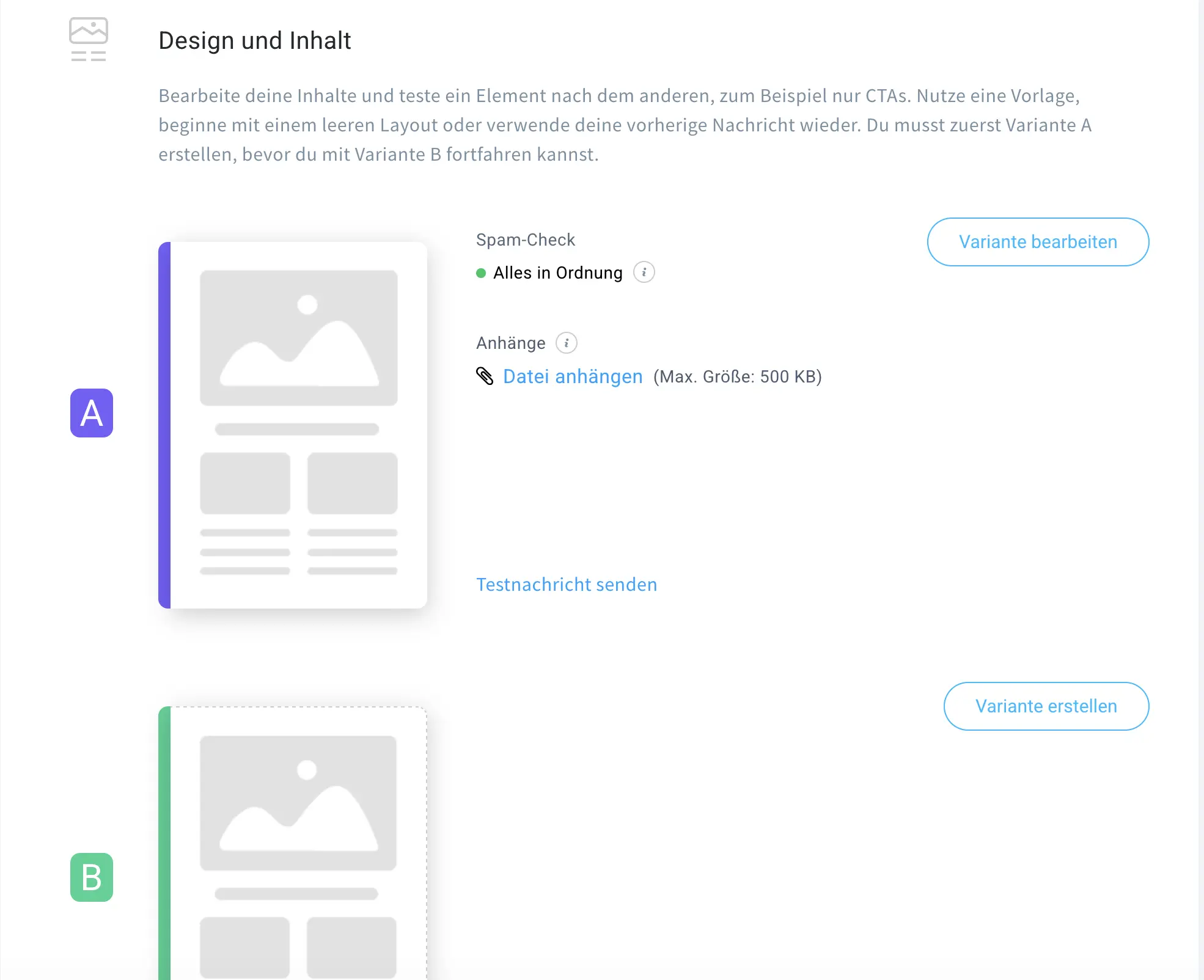 GetResponse E-Mail-A/B-Test-Oberfläche mit zwei Black-Friday-E-Mail-Varianten (A und B), dem Status der Spam-Prüfung sowie Optionen zum Bearbeiten der Varianten, Anhängen von Dateien und Versenden von Testnachrichten vor dem Start der Kampagne.