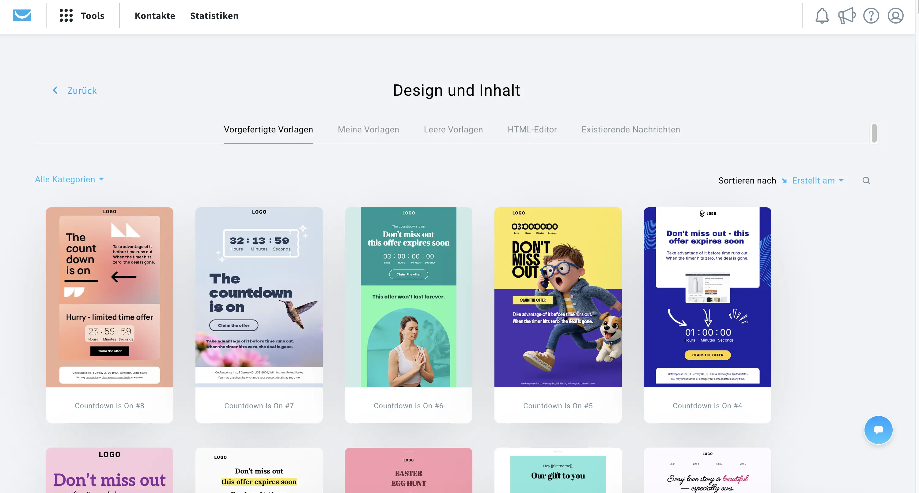 Screenshot der Seite „Design und Inhalt“ im GetResponse E-Mail-Editor. Zu sehen ist eine Übersicht vorgefertigter E-Mail-Vorlagen mit Countdown-Timern in verschiedenen Stilen und Farben sowie Navigationsregisterkarten und Sortierungsoptionen im oberen Bereich.
