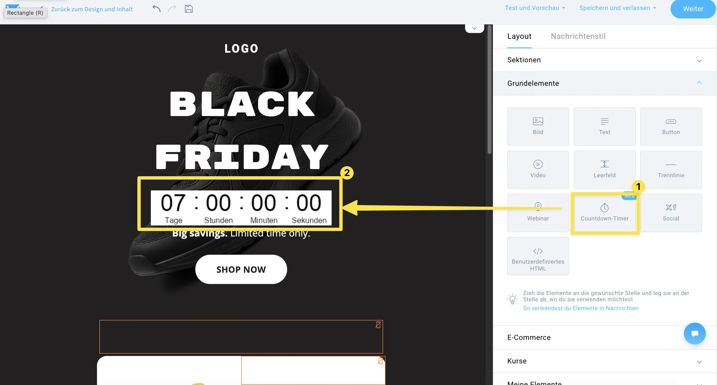 GetResponse Email Creator-Oberfläche, die zeigt, wie ein Countdown-Timer-Block zu einer Black-Friday-Werbe-E-Mail hinzugefügt wird. Zu sehen sind der Drag-and-Drop-Editor, das Countdown-Timer-Element sowie ein Layout zur Produktpräsentation.