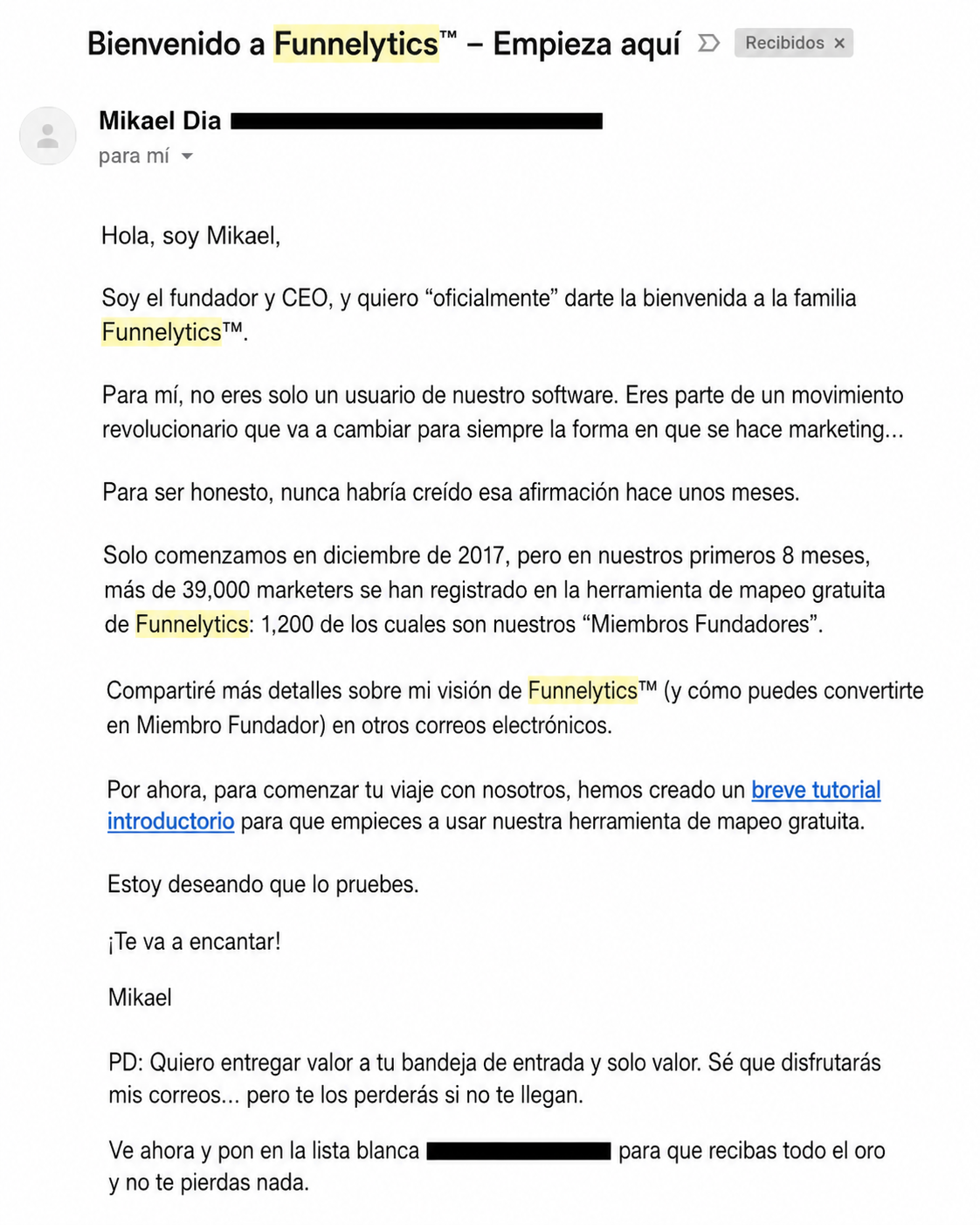 Email de incorporación de usuarios de Funnelytics.