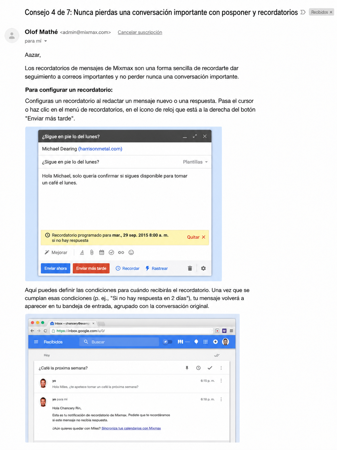 Email de incorporación de usuarios de Mixmax con consejos de uso.