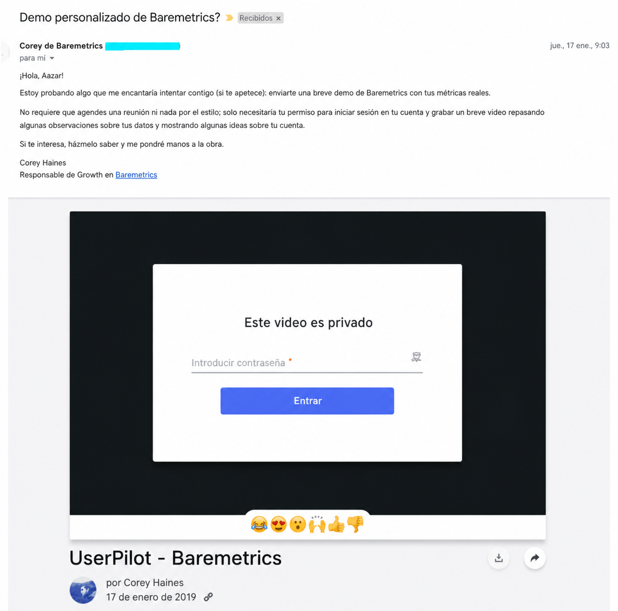 Correo electrónico con video de Baremetrics.