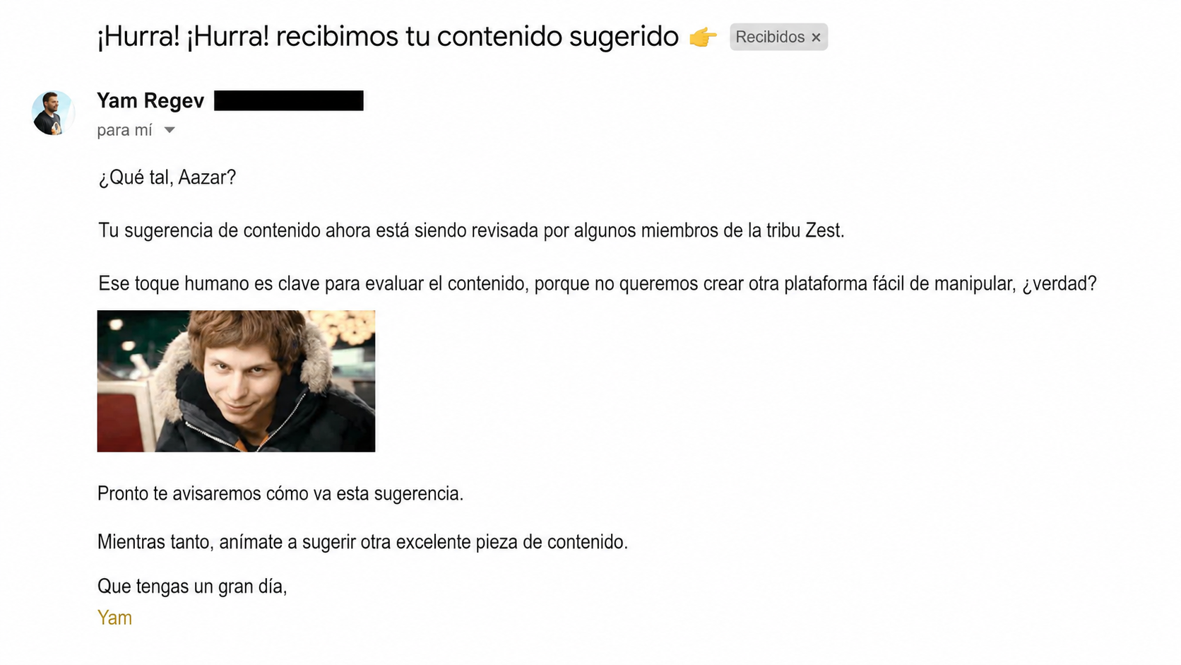 La voz de marca de Yam Regev en sus correos electrónicos 2.