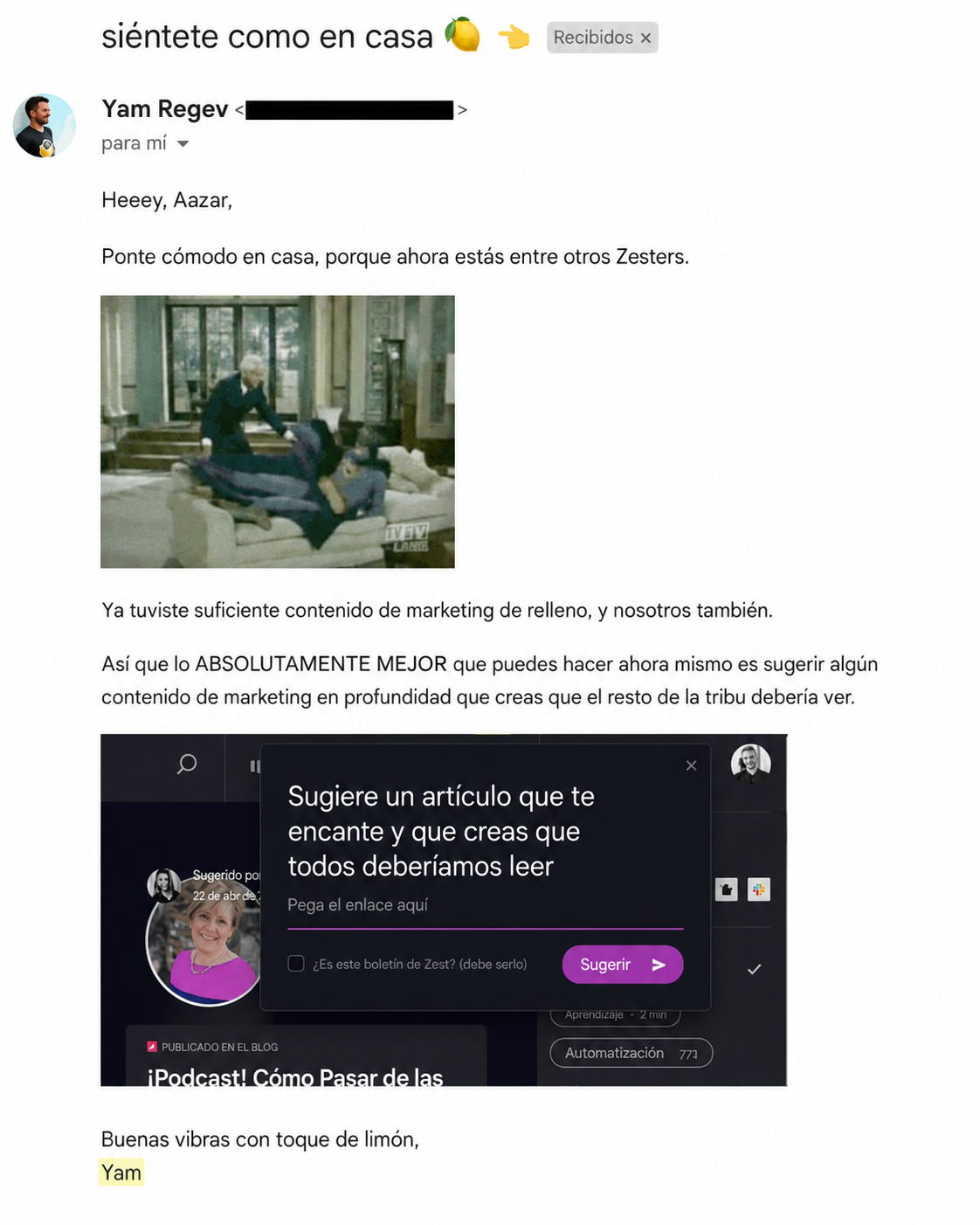 La voz de marca de Yam Regev en sus correos electrónicos 3.