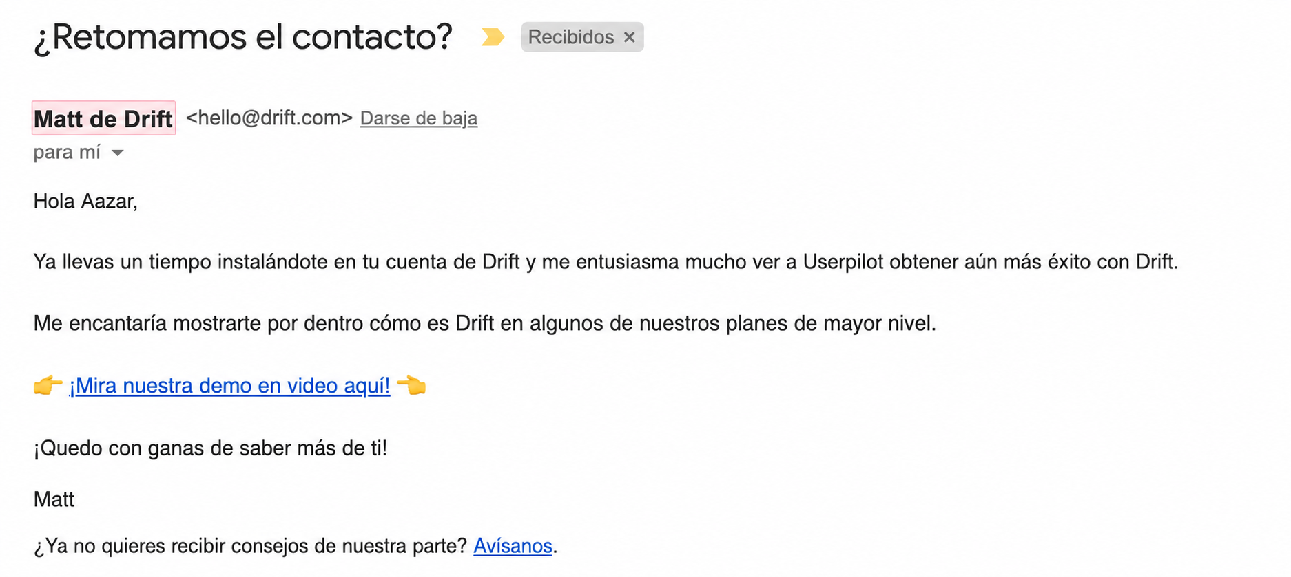 Correo electrónico de “¿por qué no volvemos a conectar?” de Drift.