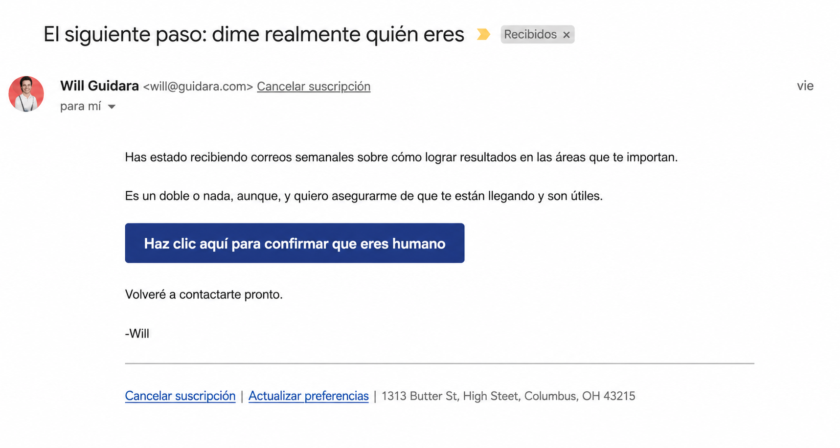 Ejemplo de correo electrónico de confirmación.