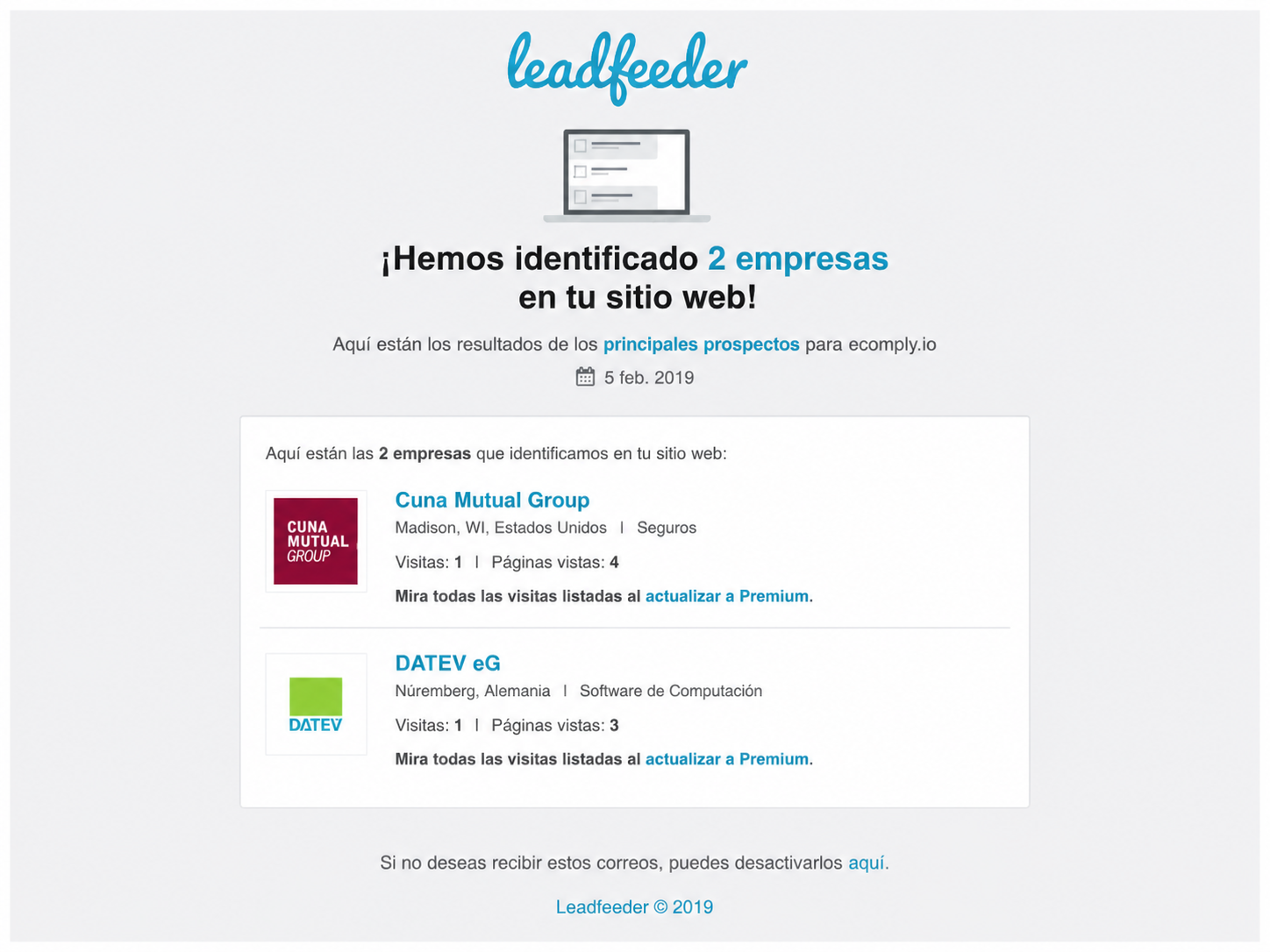 Correo electrónico transaccional de Leadfeeder después de la prueba.