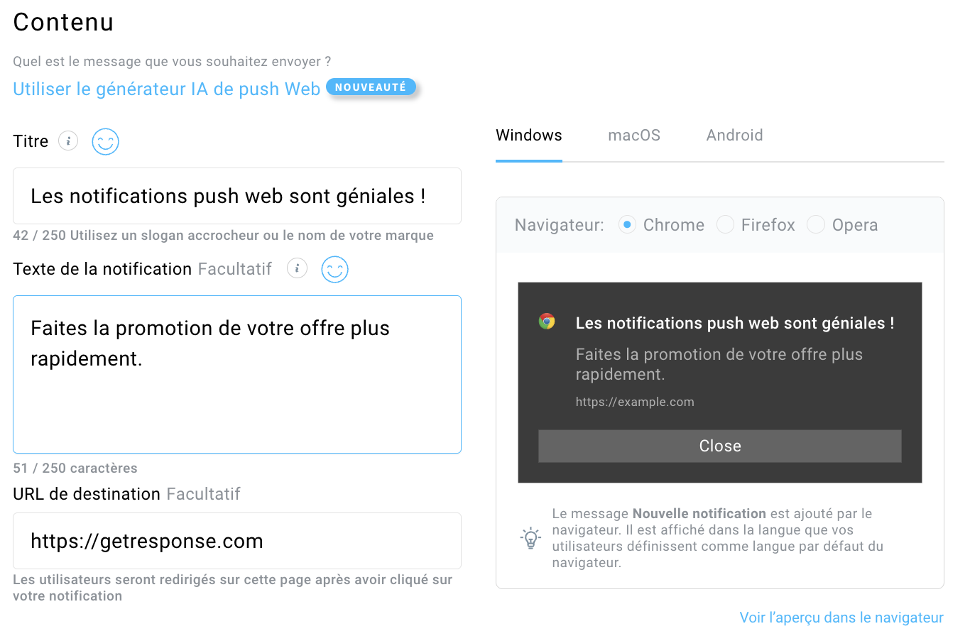 Éditeur de notifications push web disponible dans GetResponse.