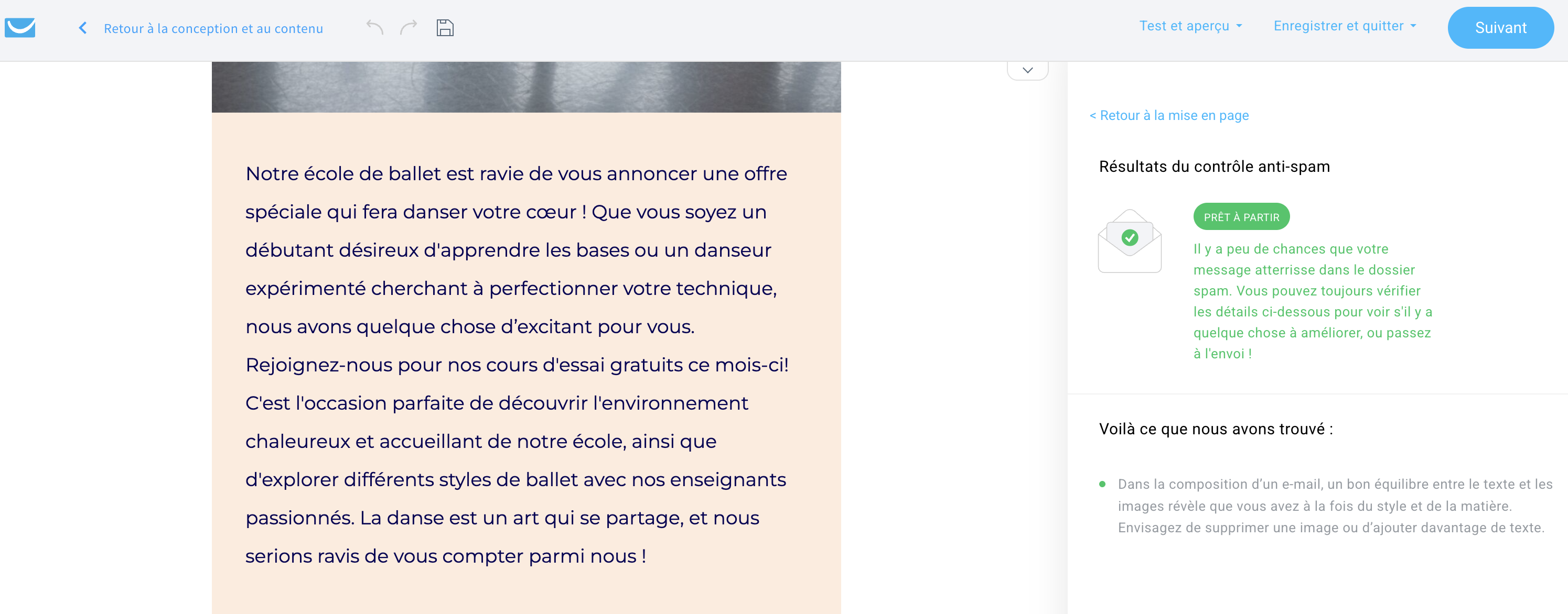 L’outil Spam Check de GetResponse analyse automatiquement vos e-mails avant que vous ne cliquiez sur « Envoyer ».