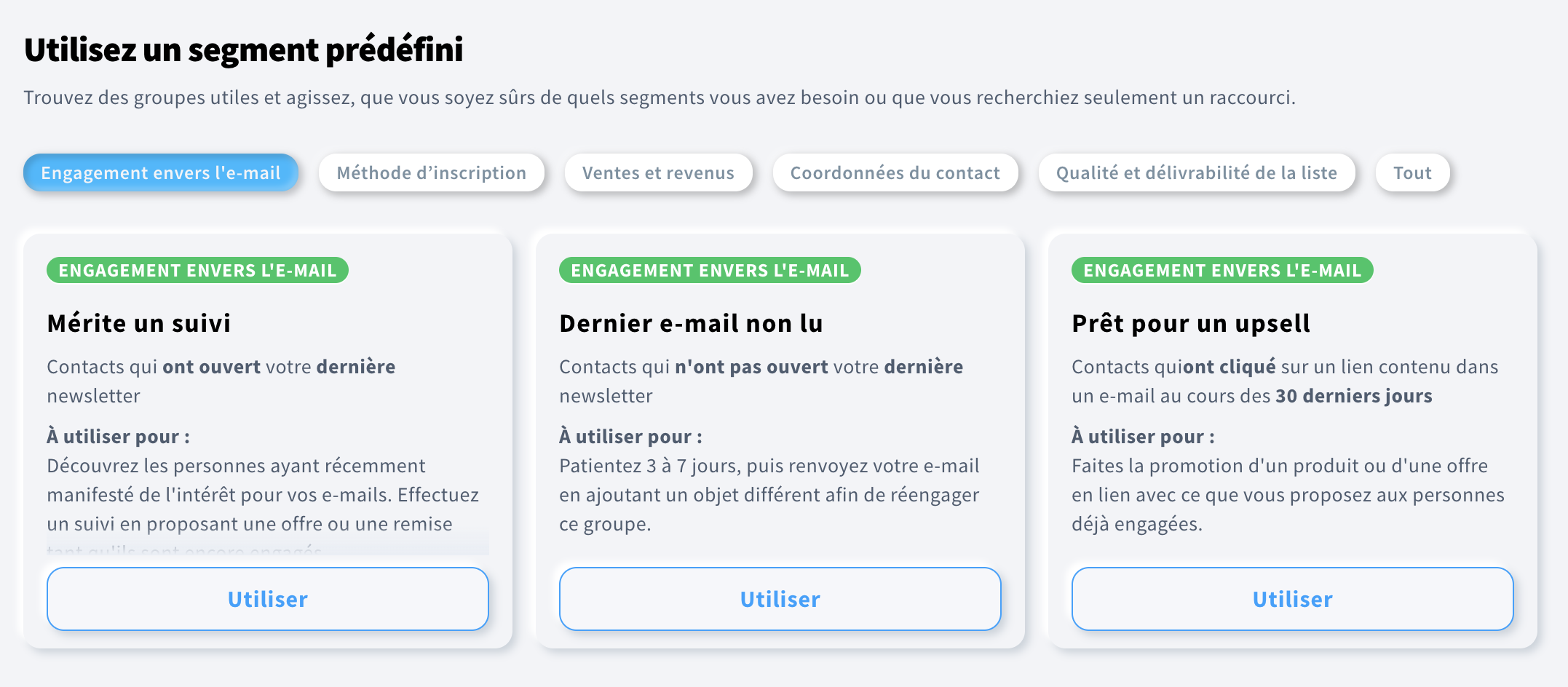 Exemples de segmentation des contacts dans GetResponse.