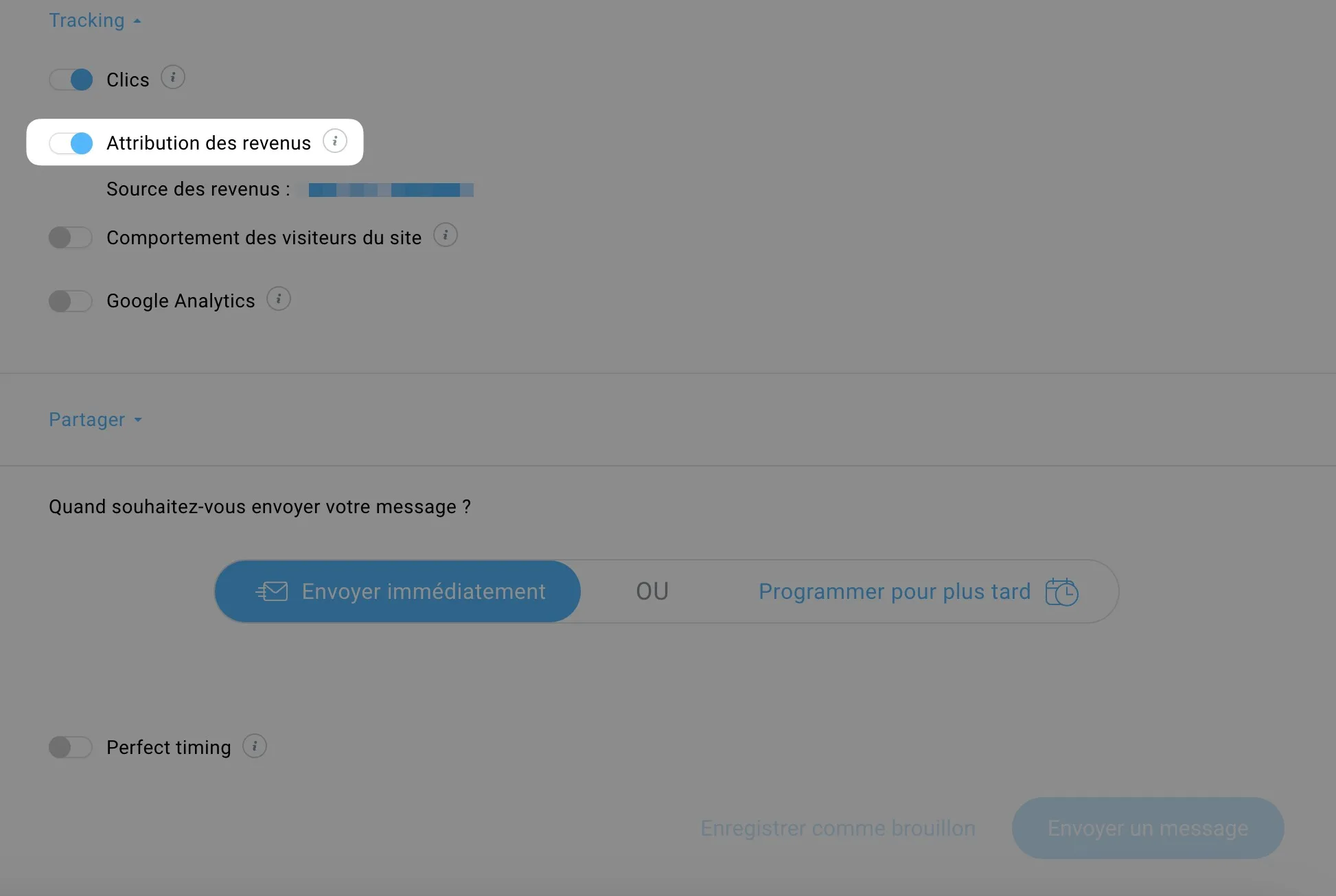 Écran des paramètres d’e-mail de GetResponse affichant les options de suivi avec l’option « Attribution des revenus » activée, ainsi que d’autres paramètres tels que les clics, le comportement des visiteurs sur le site et Google Analytics, avec également des options pour envoyer le message immédiatement ou le programmer.