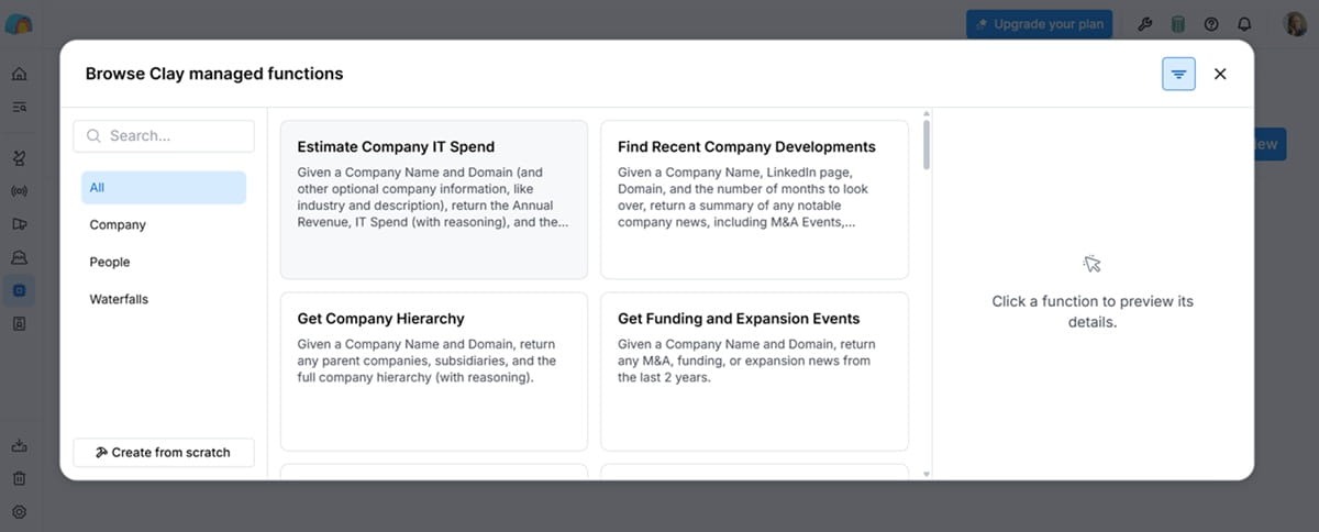 Clay platform's "Browse Clay managed functions" window, displaying various data-driven tools like Estimate Company IT Spend, Find Recent Company Developments, Get Company Hierarchy, and Get Funding and Expansion Events.