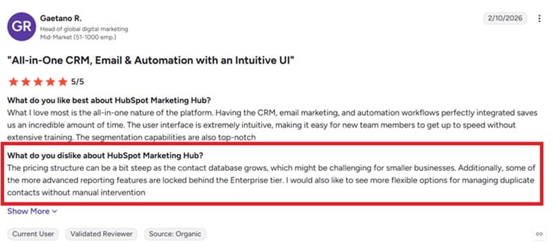 Customer review of HubSpot Marketing Hub on G2 from Gaetano R., highlighting an intuitive UI and powerful integration but noting concerns about pricing and reporting features.